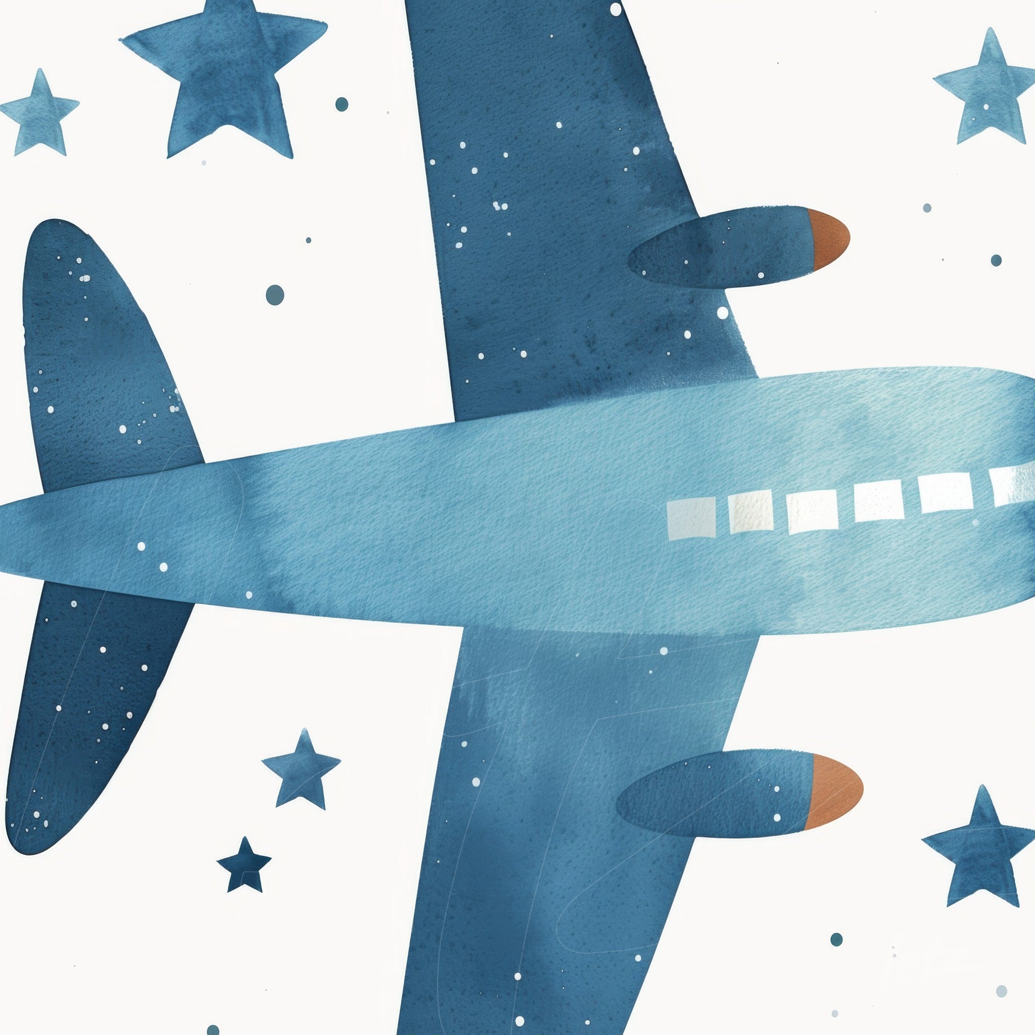 watercolor art of a blue airplane above a white background with stars