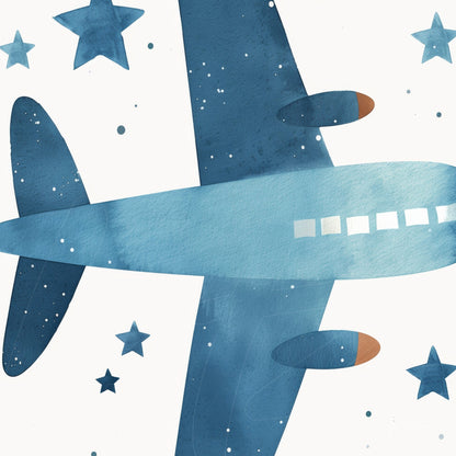 watercolor art of a blue airplane above a white background with stars