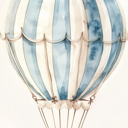watercolor illustration of a hot air balloon in shades of blue and white with delicate details on the ropes