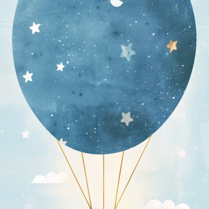 digital art of a blue balloon with white and yellow stars floating against a light background with clouds