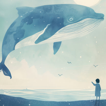 digital art of a child pointing at a giant blue whale above the sea with a serene background in shades of blue and white