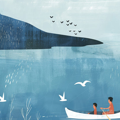 digital illustration of two people in a boat on a calm lake with a mountain in the background and birds flying overhead
