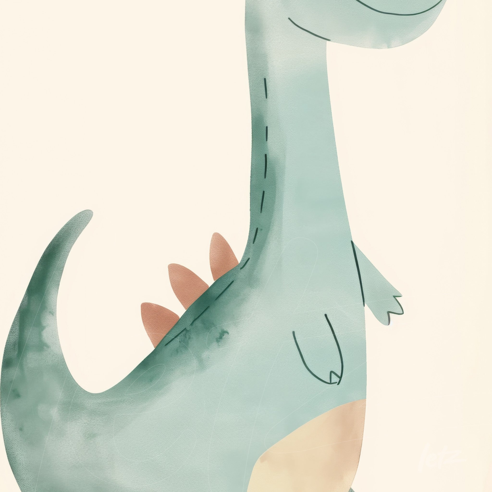 watercolor illustration of a dinosaur in soft colors with a light background and beige details
