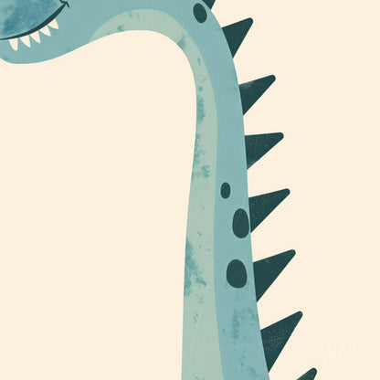 playful illustration of a blue dinosaur with spikes and a smile
