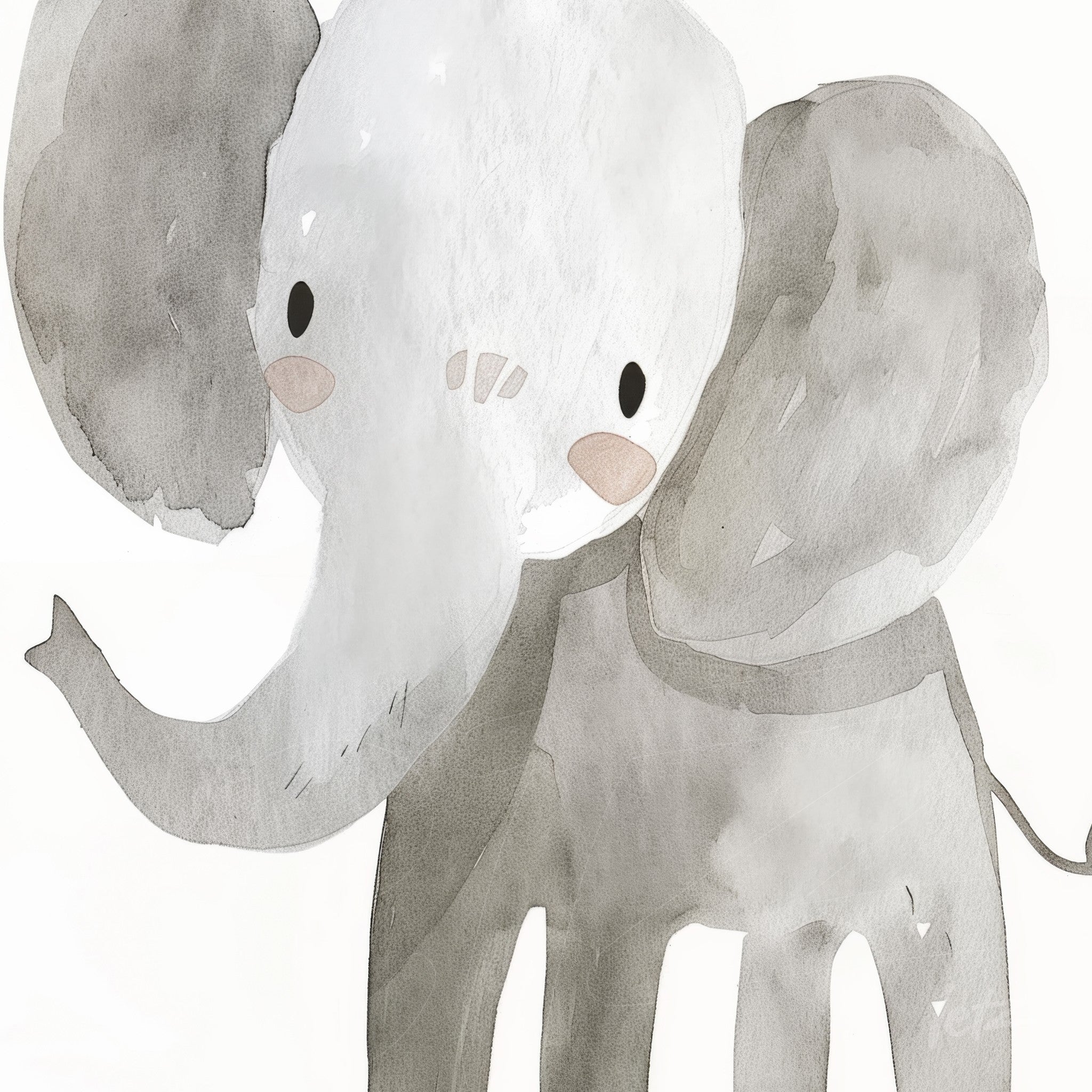 watercolor illustration of an elephant in soft gray tones with pink cheek details