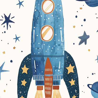 blue rocket illustration with yellow details surrounded by colorful stars on light background