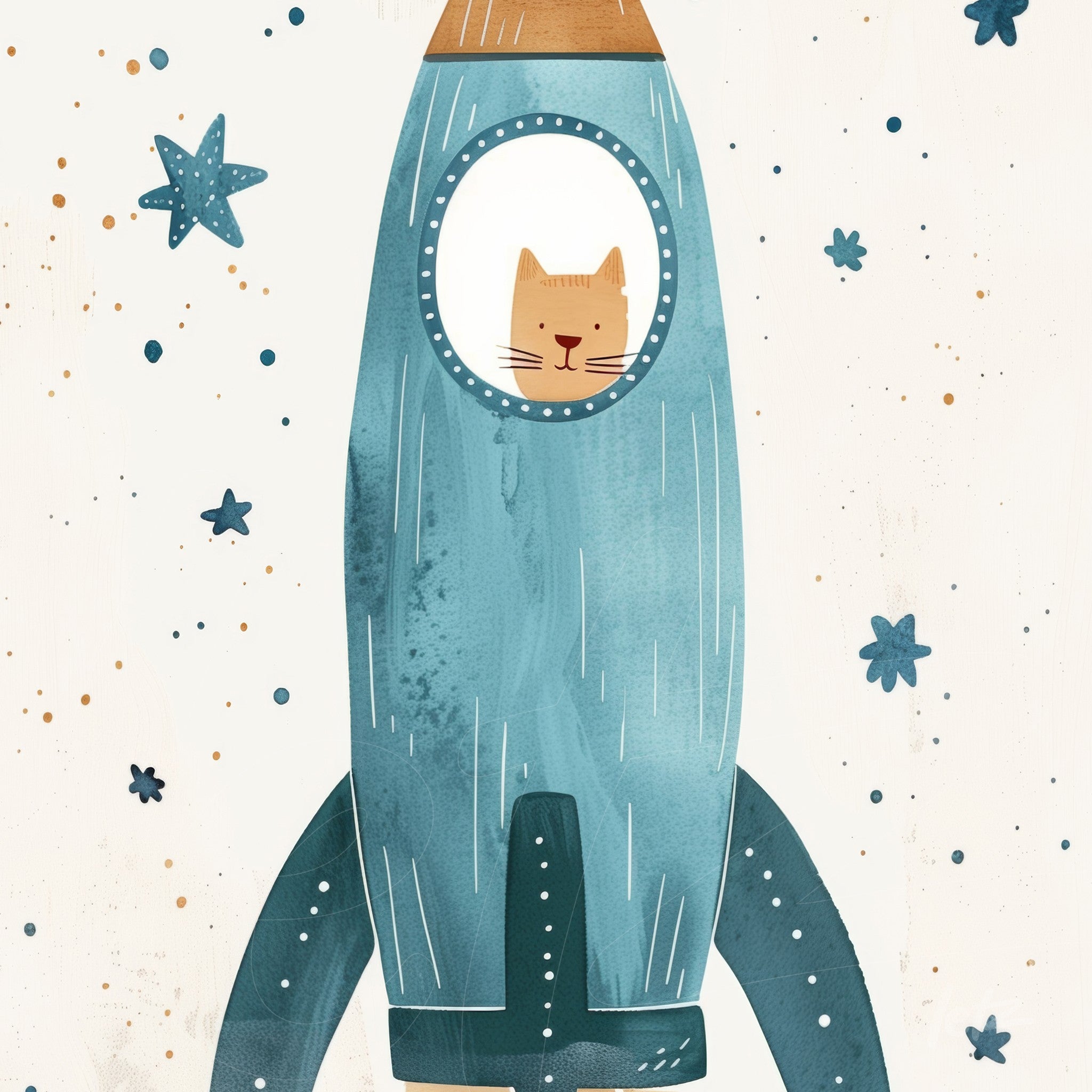 illustration of a rocket with a cat peeking through the window, adorned with stars and a soft background
