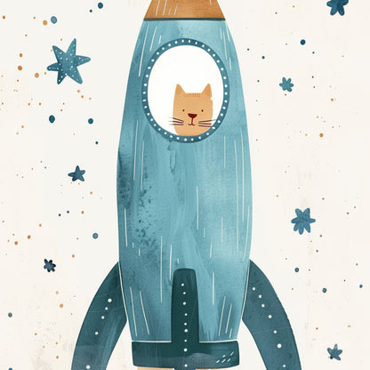 illustration of a rocket with a cat peeking through the window, adorned with stars and a soft background