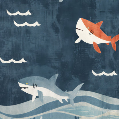 framed artwork featuring sharks swimming on dark blue background with white waves and clouds