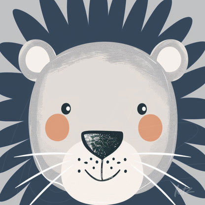 playful digital art of a stylized lion with friendly features and gray background