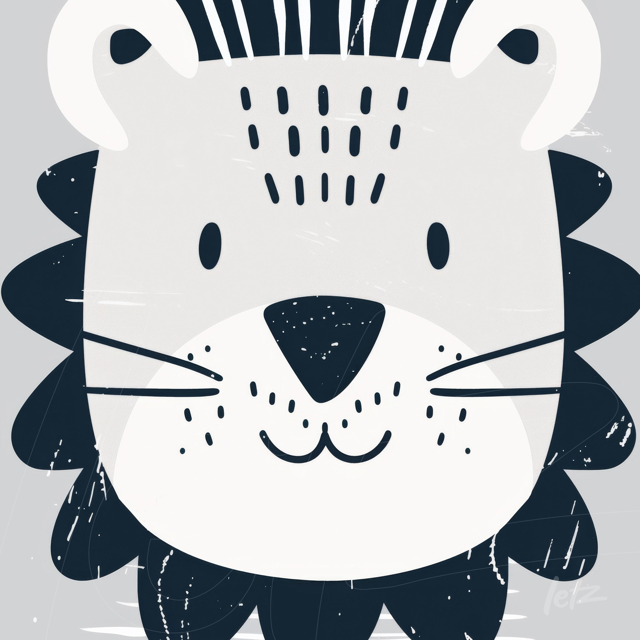digital art featuring a stylized lion illustration in gray and blue shades