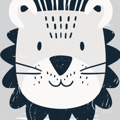 digital art featuring a stylized lion illustration in gray and blue shades