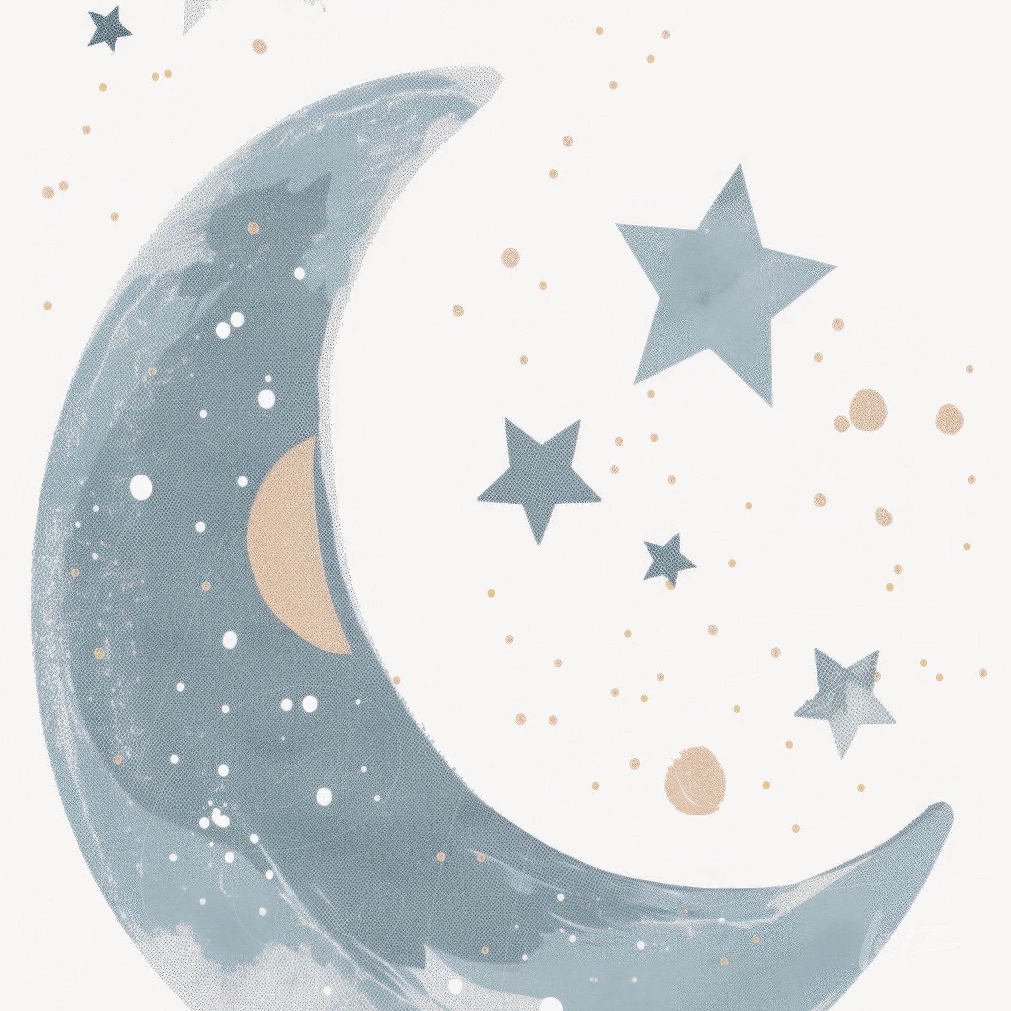 artwork featuring a soft blue crescent moon and stars in pastel tones against a white background