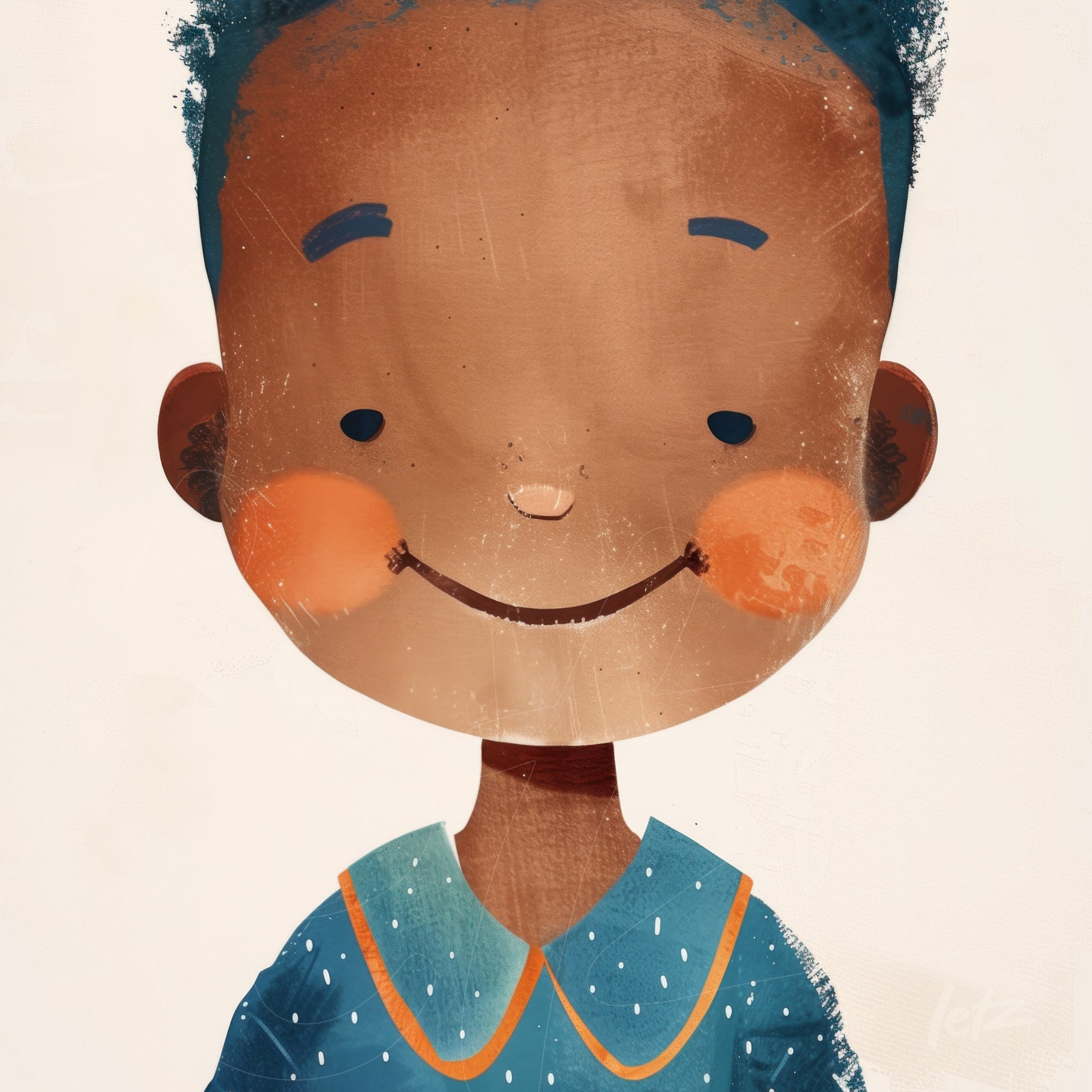 illustration of a smiling boy with short dark hair, wearing a blue shirt with orange details