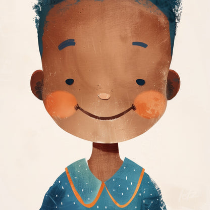 illustration of a smiling boy with short dark hair, wearing a blue shirt with orange details