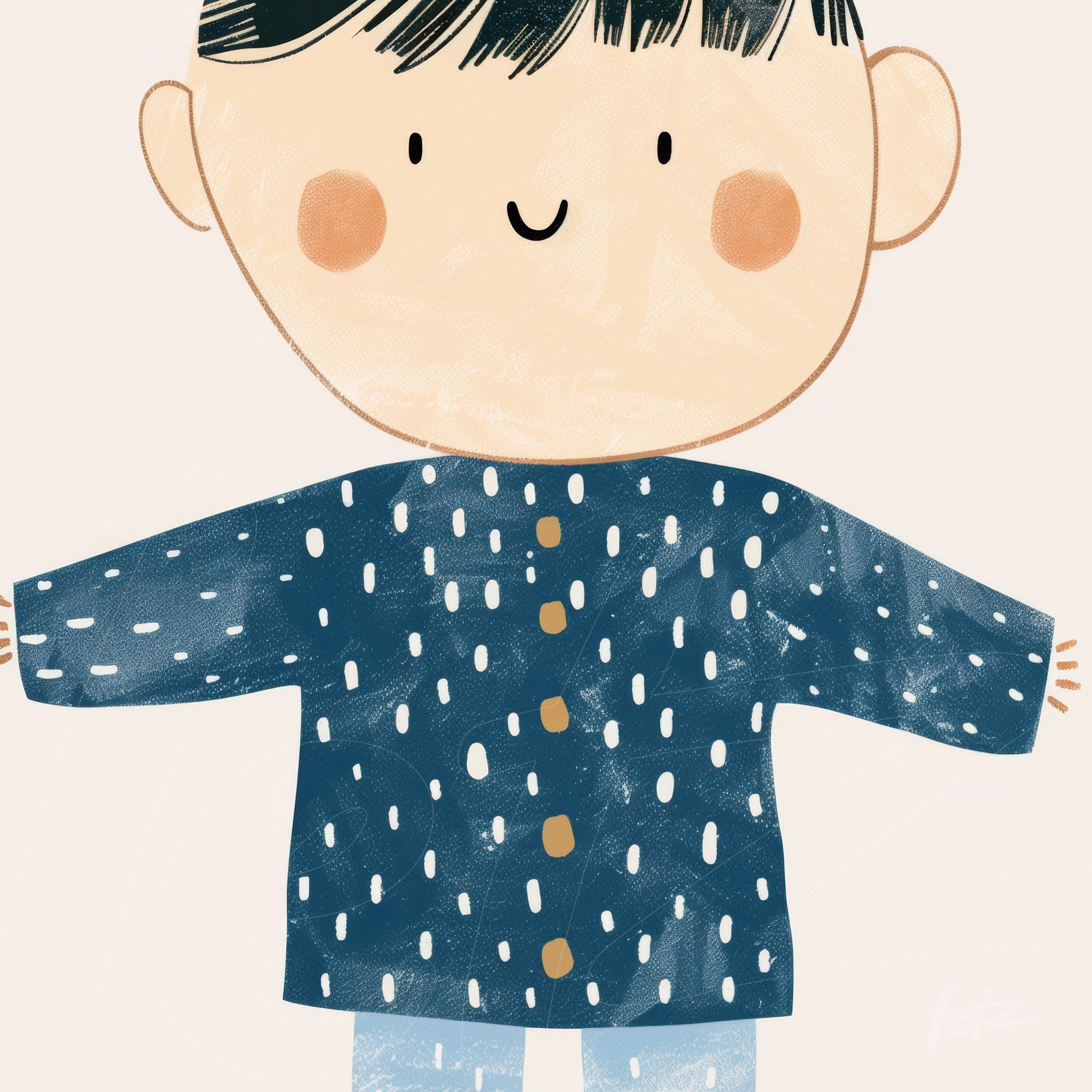 illustration of a smiling child character wearing a dark blue shirt with white dots