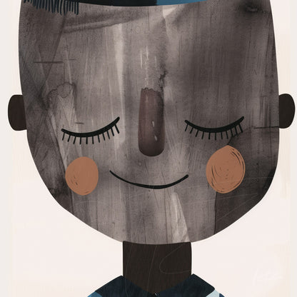 framed artwork featuring a minimalist illustration of a smiling boy with a round face and simple features