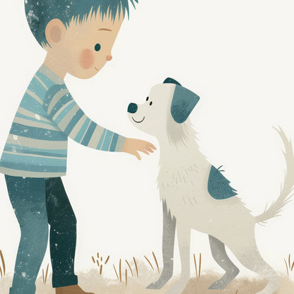 illustration of a boy petting a white dog with black spots in a minimalist setting with a light background