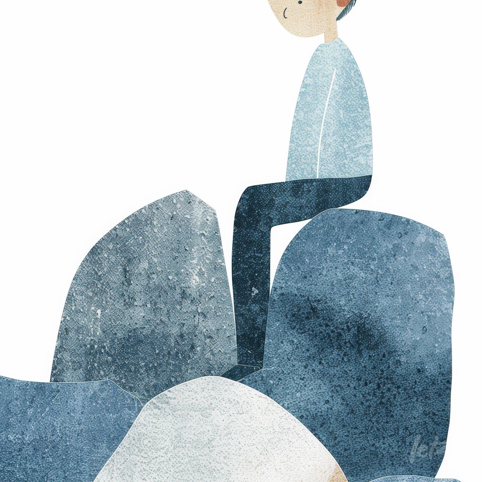 digital illustration of a man sitting on rocks in shades of blue and gray with a soft texture