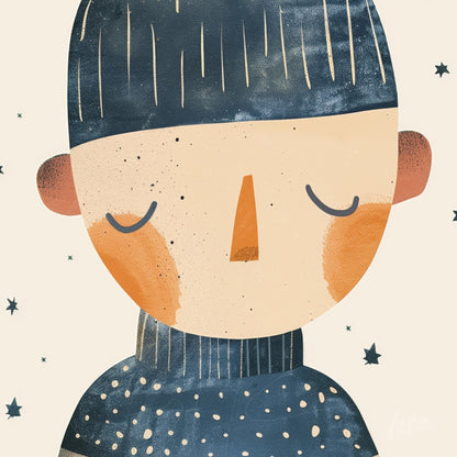 illustration of a child's portrait wearing a striped shirt and dark hair, soft background with stars
