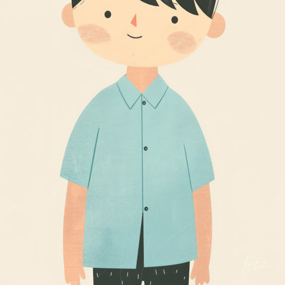 illustration of a boy wearing a blue shirt and black pants against a neutral background