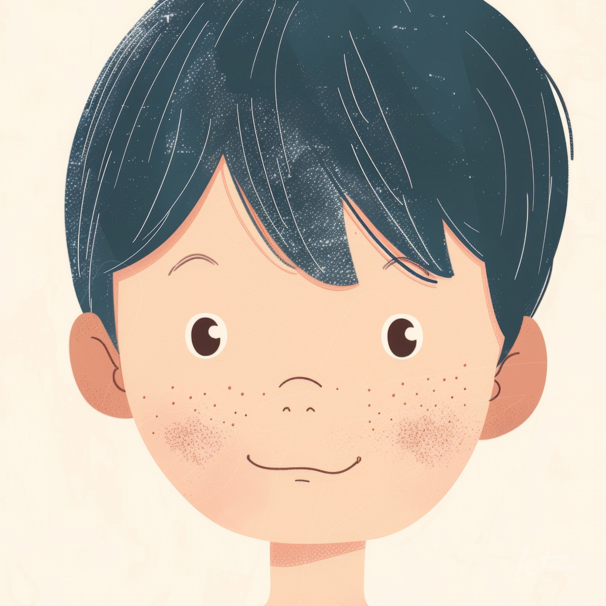 digital illustration of a boy with short dark hair, smiling face, and freckles