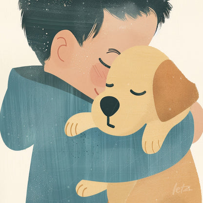 illustration of a child hugging a yellow labrador dog with a soft and colorful background