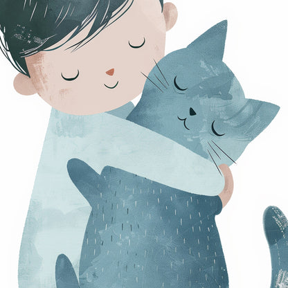 illustration of a boy hugging his gray textured cat against a soft white background