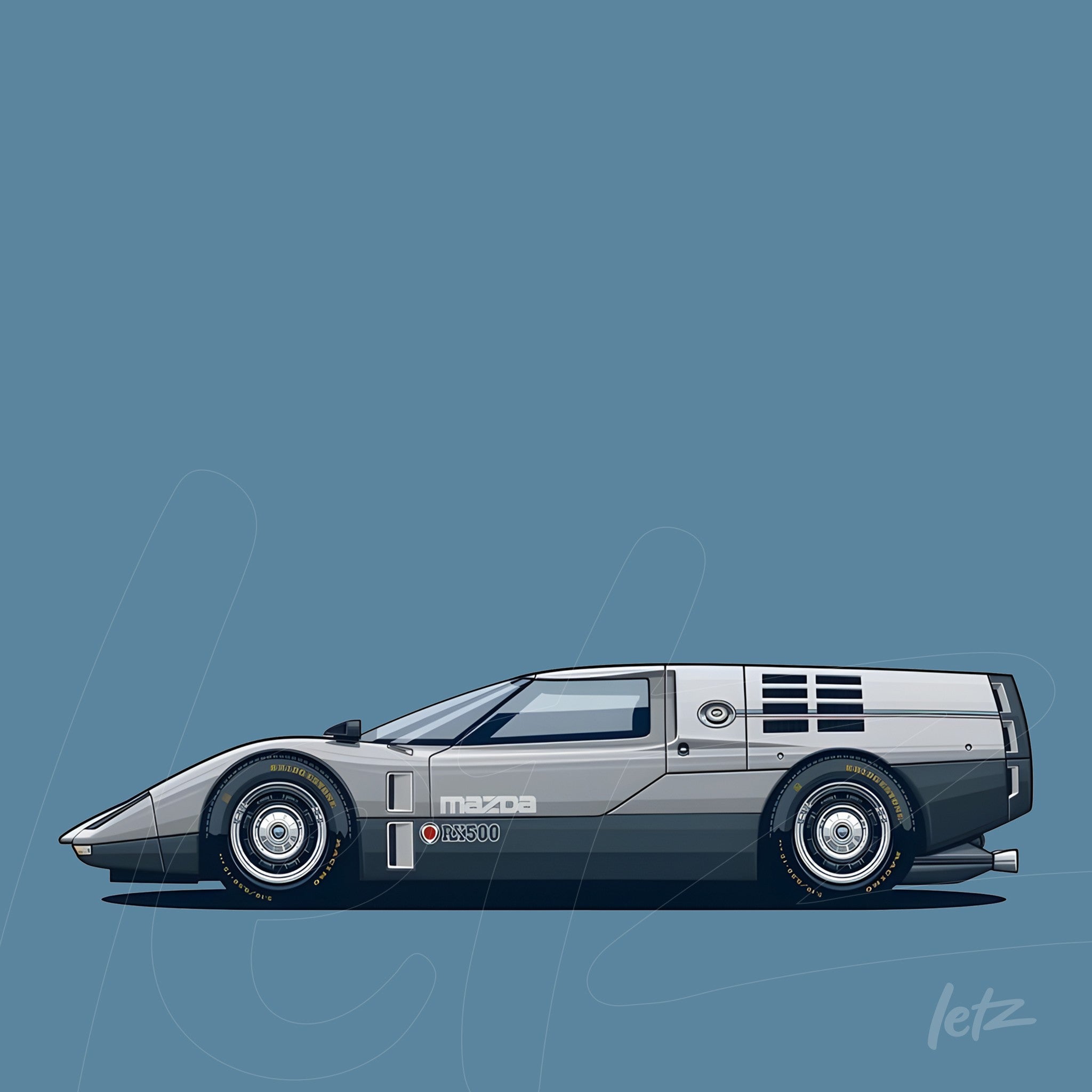 illustration of a futuristic car, Mazda MX-500 model, featuring an aerodynamic design and silver paint against a blue background