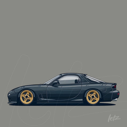 illustration of a black sports car with golden wheels against a gray background