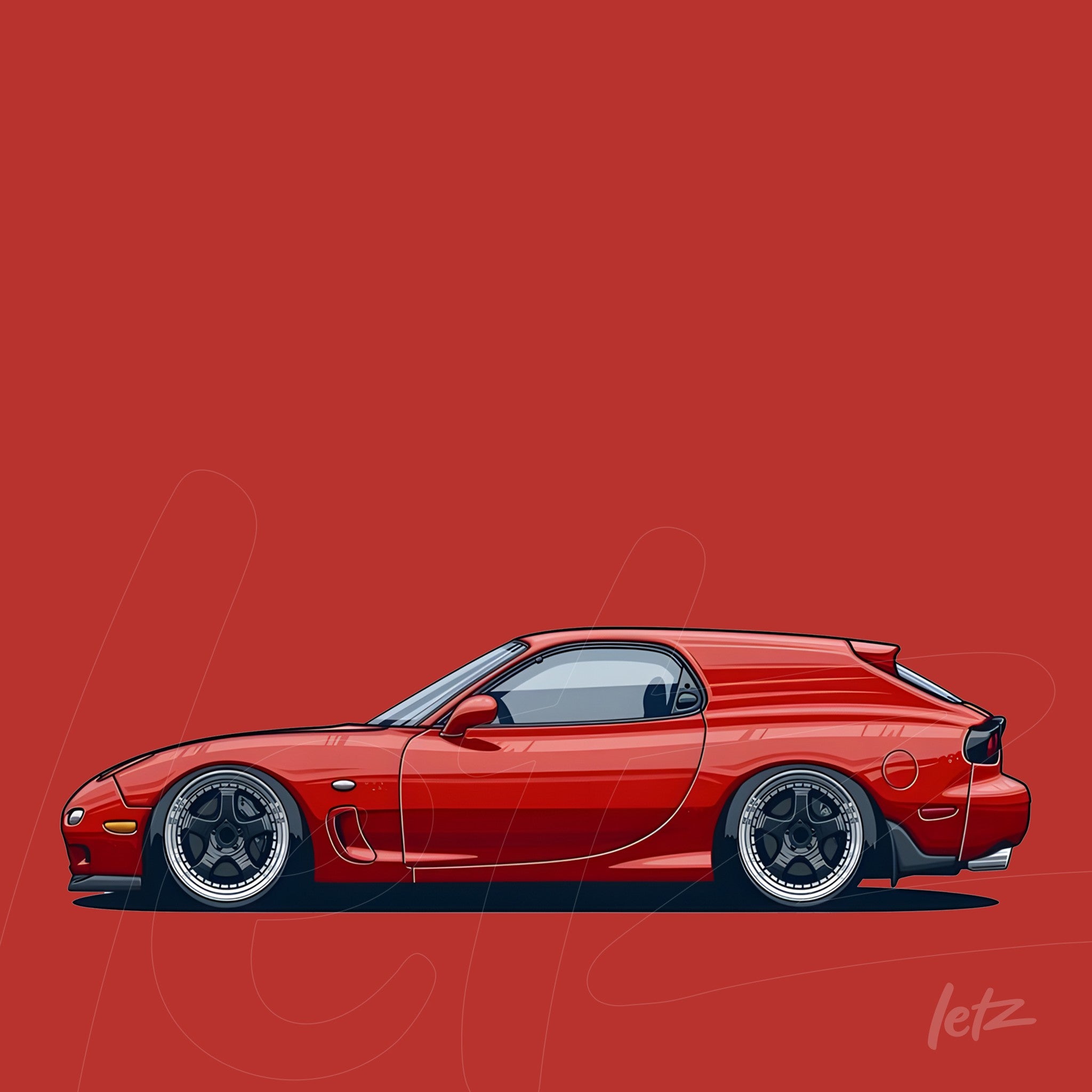illustration of a red sports car on a solid red background featuring gray details and silver wheels