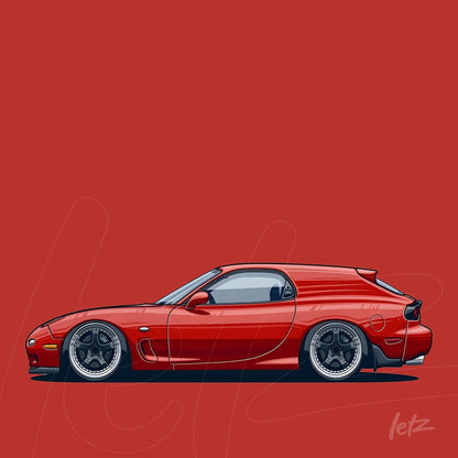illustration of a red sports car on a solid red background featuring gray details and silver wheels