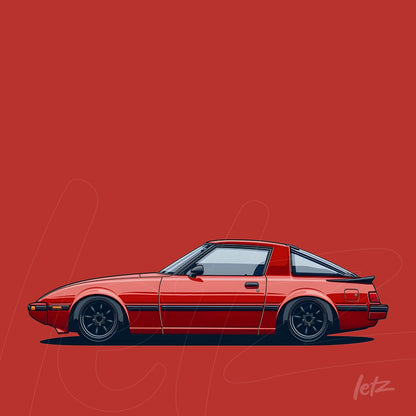 digital illustration of a classic red car against a vibrant red background