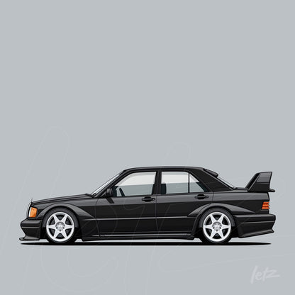 digital artwork of a black sports car with silver wheels and aerodynamic design on gray background