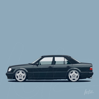 digital illustration of a black sports car with white accents on light blue background