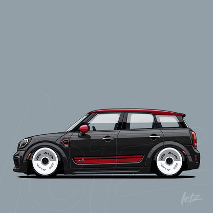digital illustration of a sporty car in profile, featuring a black body with red accents and resting on white wheels