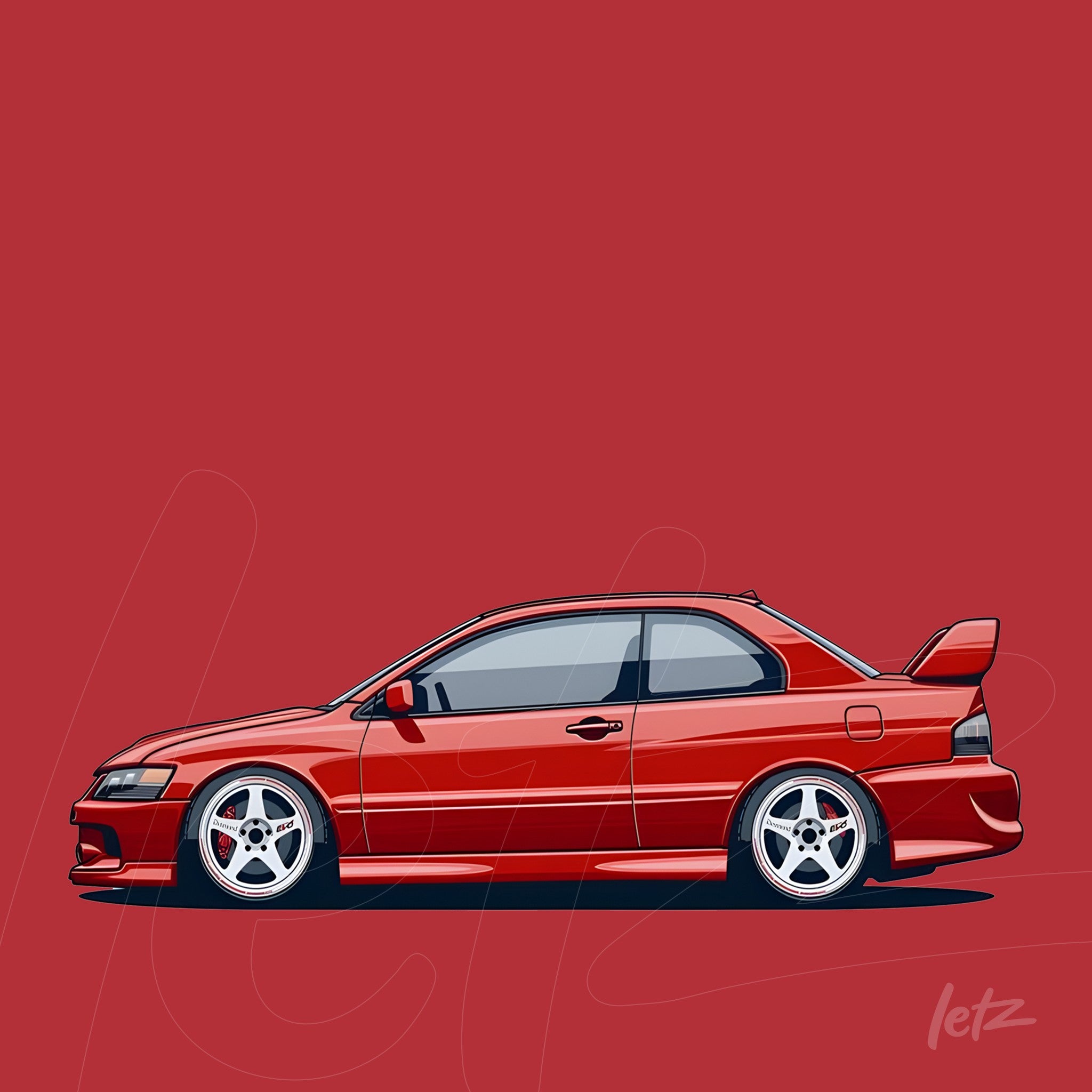 digital illustration of a red sports car with silver accents on a red background