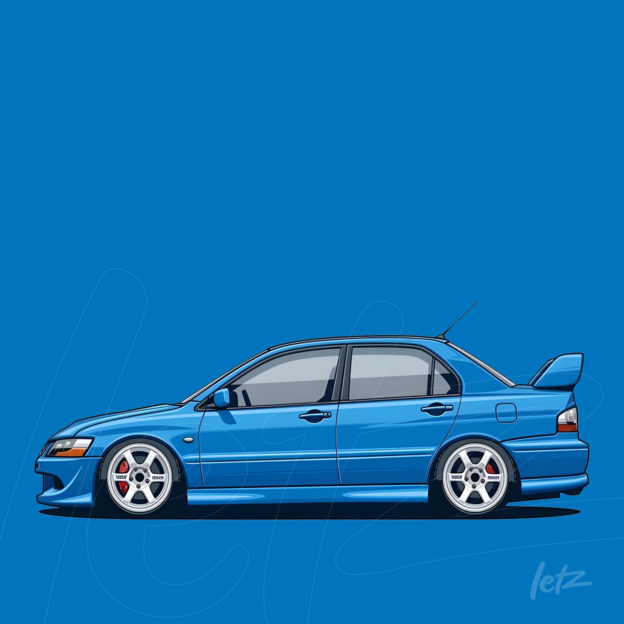 illustration of a blue sports car on a solid blue background, featuring detailed bodywork and white wheels