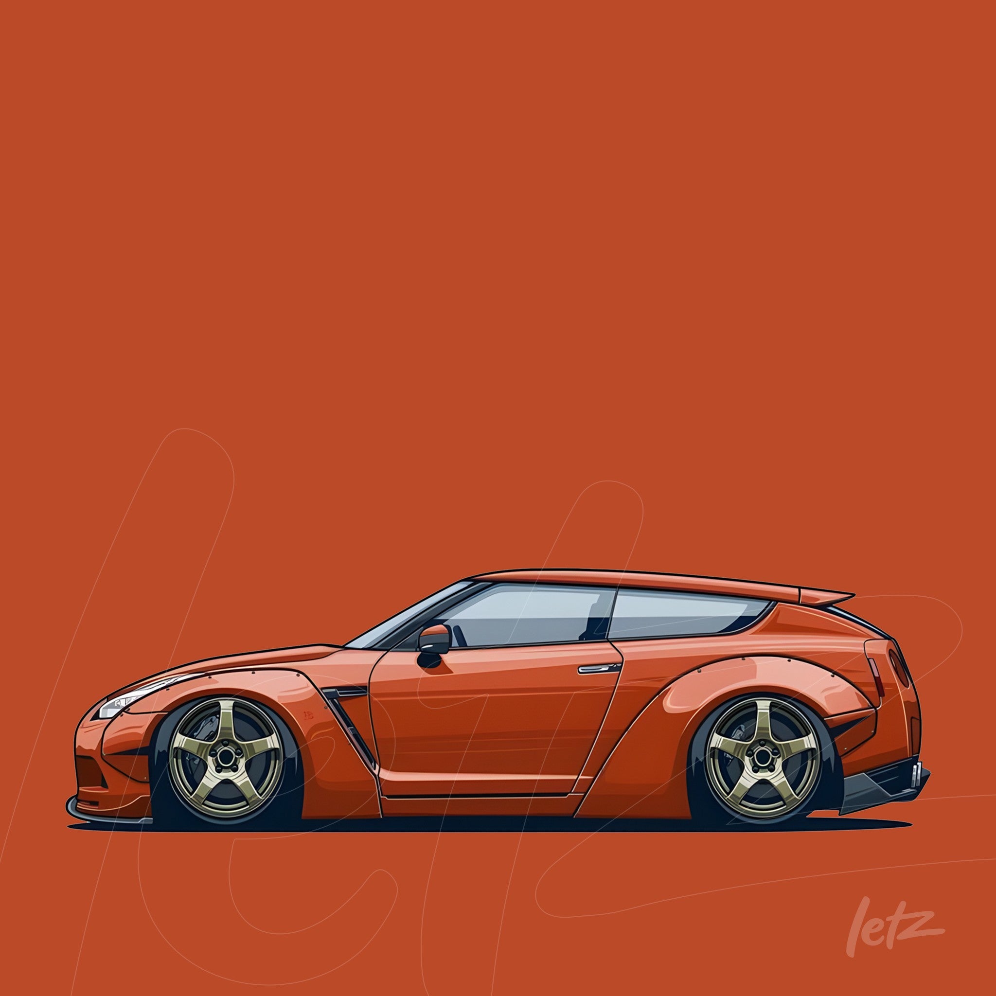 stylized digital art of a sports car on orange background emphasizing modern lines and golden wheel details