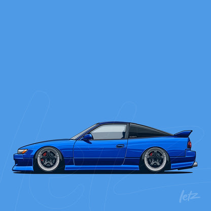 digital illustration of a blue sports car in profile showcasing details like large wheels and aerodynamic lines