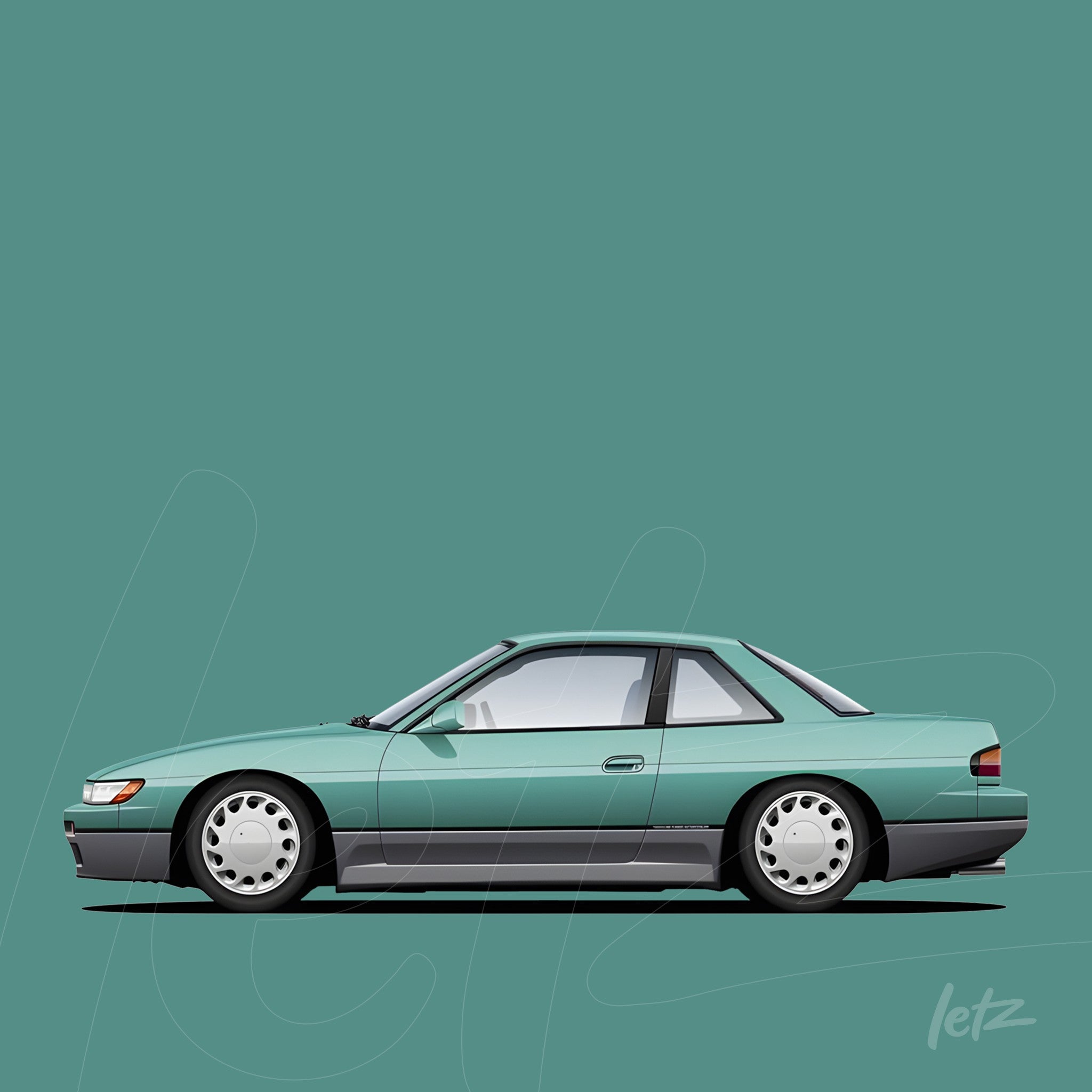 digital illustration of a mint green sports car on solid background