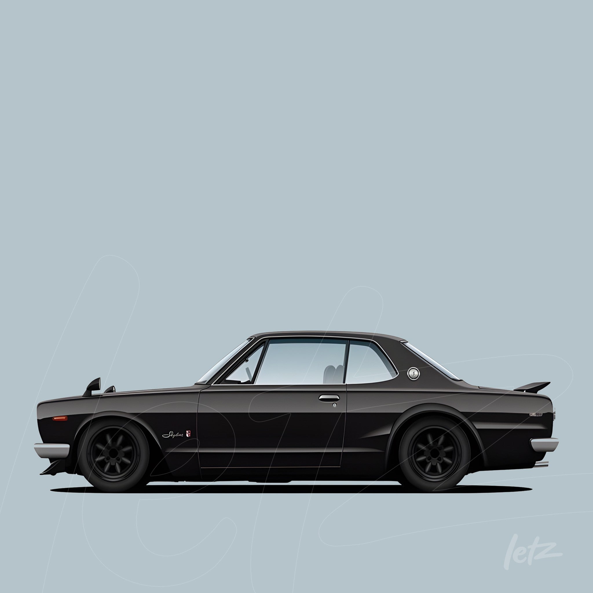 illustration of a black sports car with gray accents on light blue background