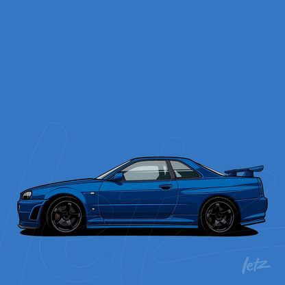 illustration of a blue sports car in profile with solid blue background