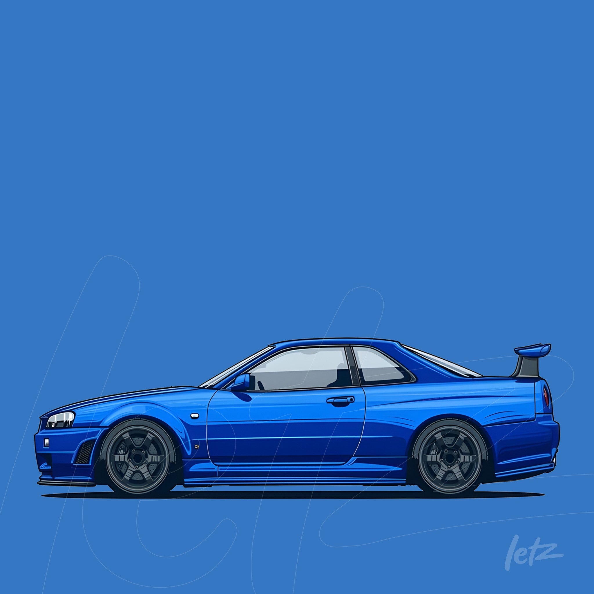 illustration of a blue sports car on a solid blue background, featuring black details and large wheels