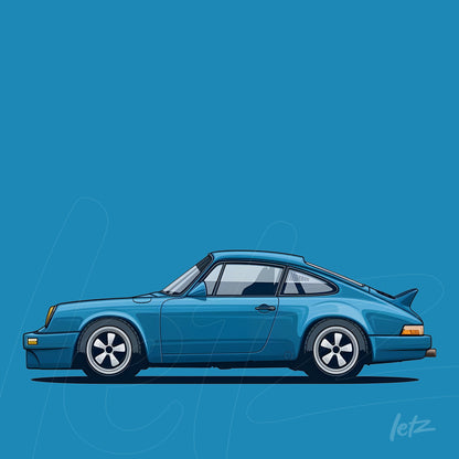 illustration of a blue sports car against a solid blue background, side view with stylized details, no frame