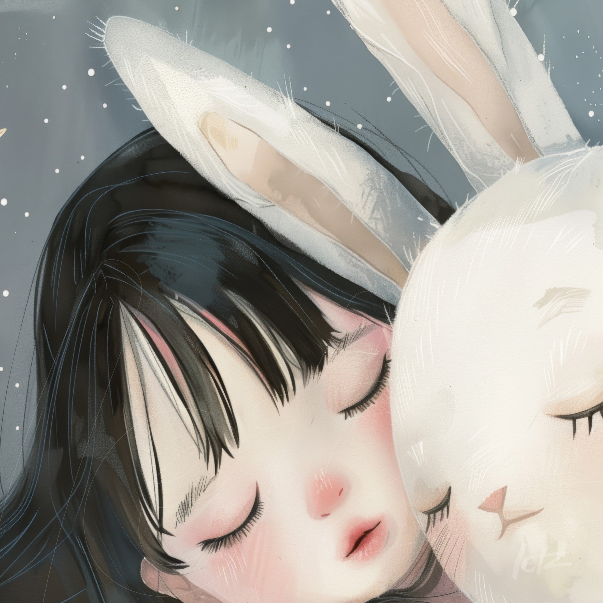 digital art featuring a girl with straight black hair gently cuddling a white rabbit against a soft gray background with snowflakes