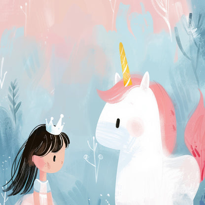 children's digital art featuring a girl with a princess crown and a unicorn against a soft blue and pink background