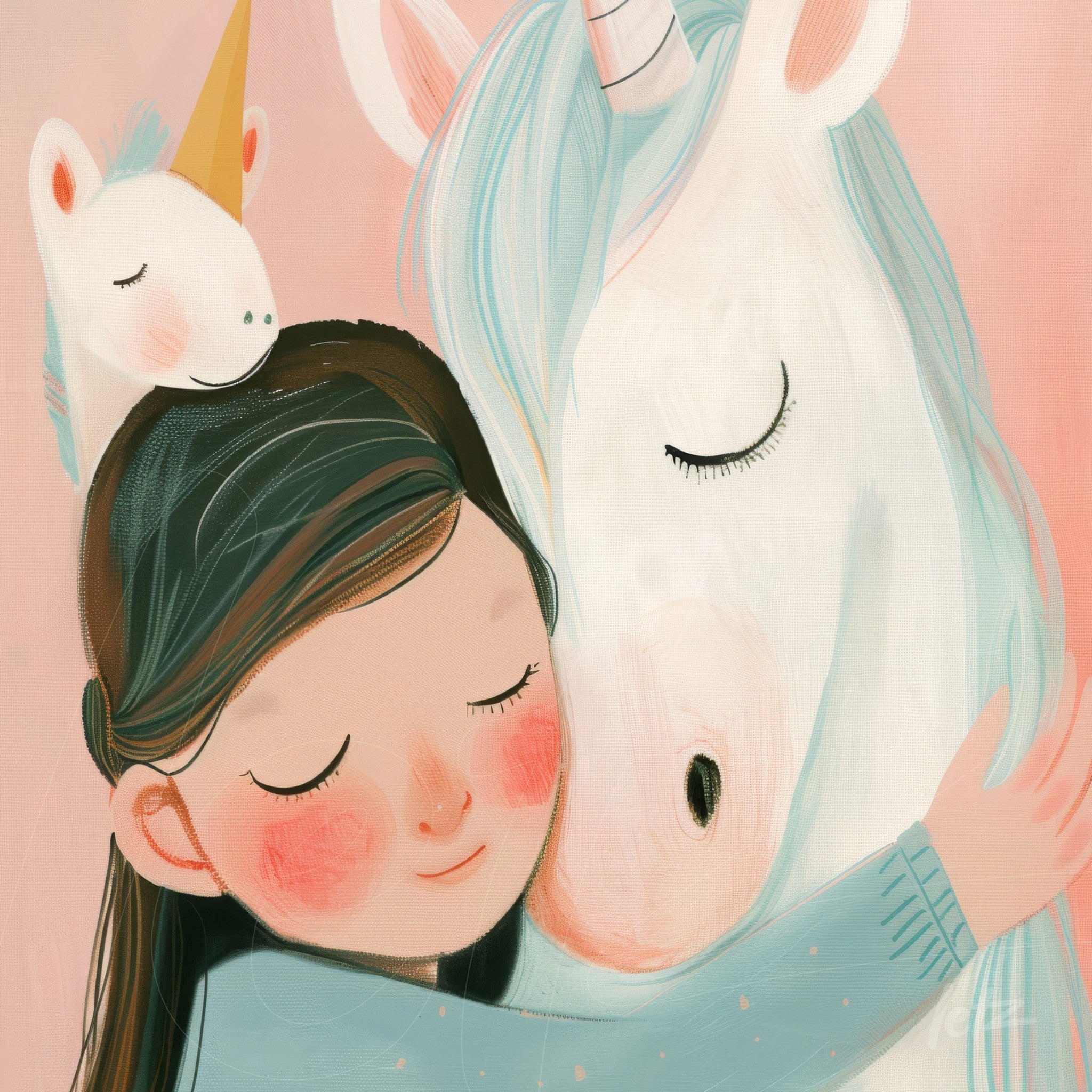 digital illustration of a girl hugging a unicorn with a soft pink background and blue accents