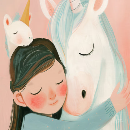 digital illustration of a girl hugging a unicorn with a soft pink background and blue accents