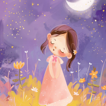 illustration of a dreaming girl in a pink dress against a purple starry background with colorful flowers